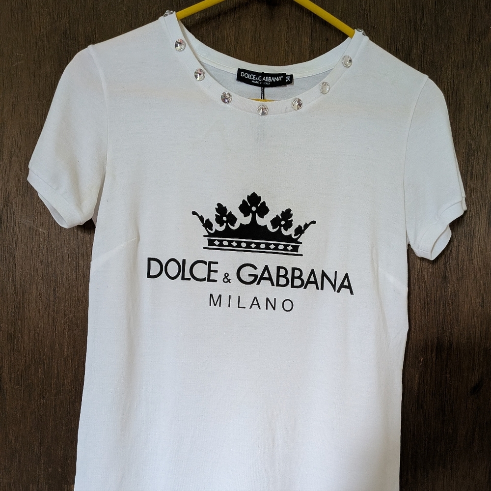 Dolce & Gabbana White Tee with Black Logo & Swarovski Crystals, Made in Italy.